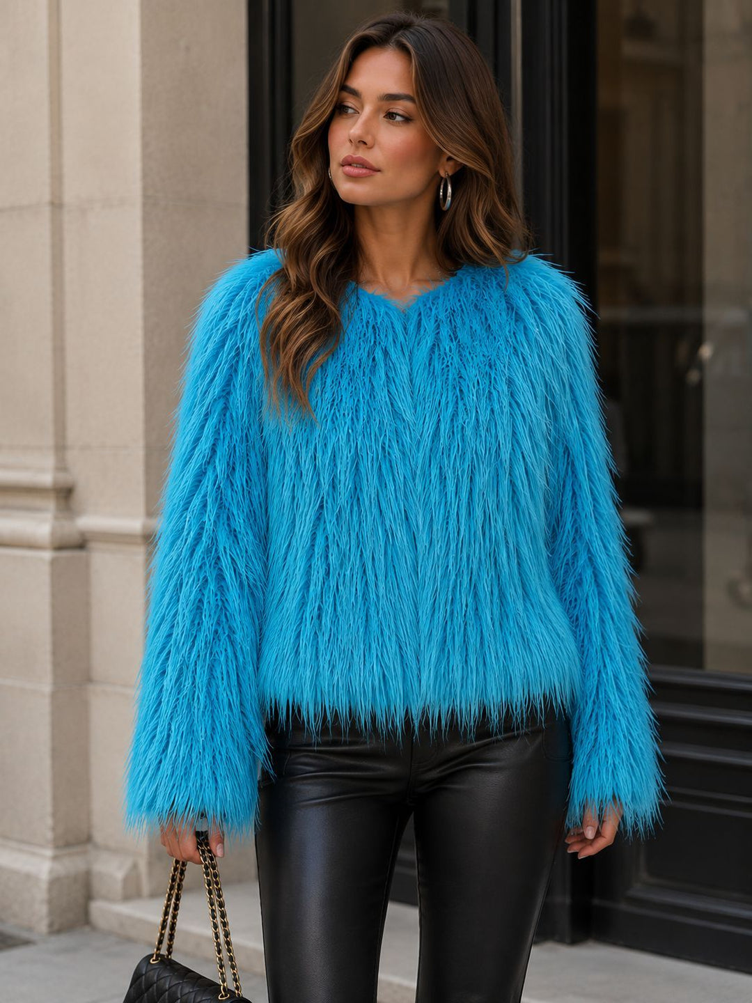 Women Short-Cut Shaggy Faux Fur Jacket with Round Neck, Extra Soft Long Hair and Casual Fit Amarae