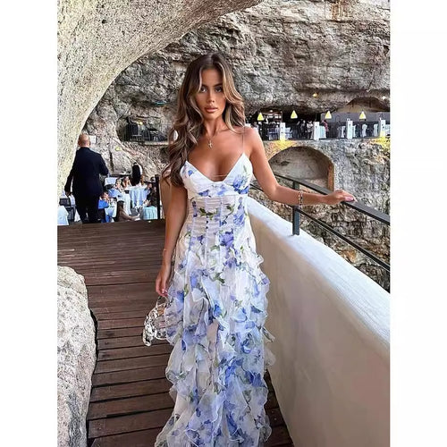 Women’s maxi dress with floral ruffles and flowing hem