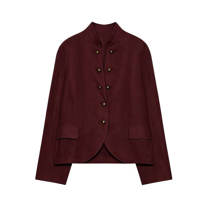 Women Tailored Stand Collar Blazer with Decorative Metal Buttons Amarae