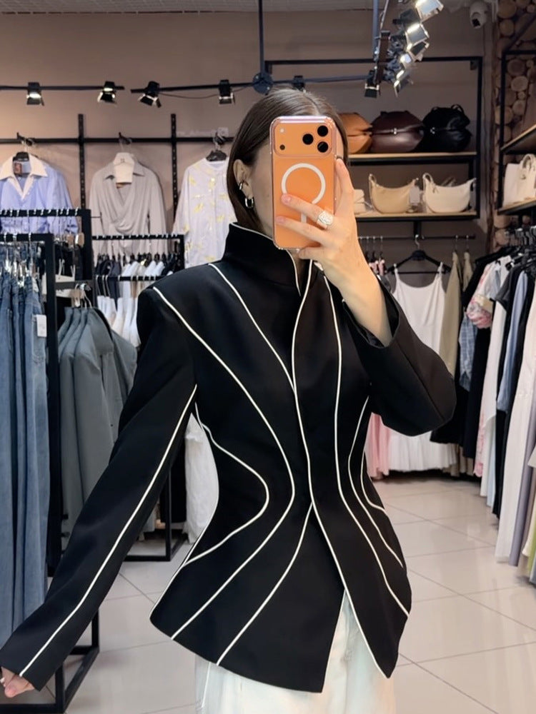 Women's Sculptural Tailored Blazer with Contouring Piping Amarae