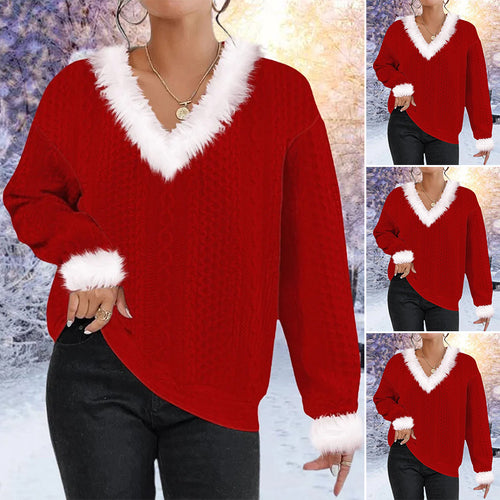 Sweater en tricot pour femmes avec décolleté en V et bord en fausse fourrure contrastant Chic & Stil