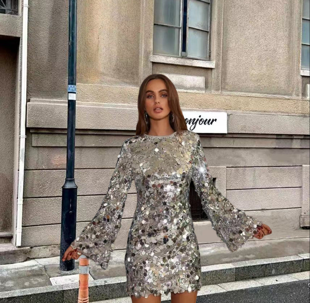 Women's Sparkling Sequin Cocktail Dress with Flared Sleeves Lune London