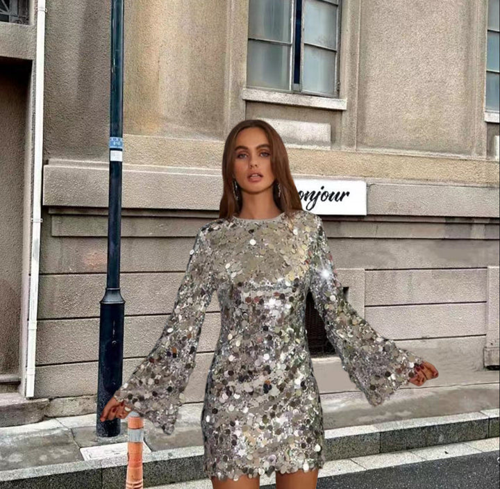 Women's Sparkling Sequin Cocktail Dress with Flared Sleeves Lune London