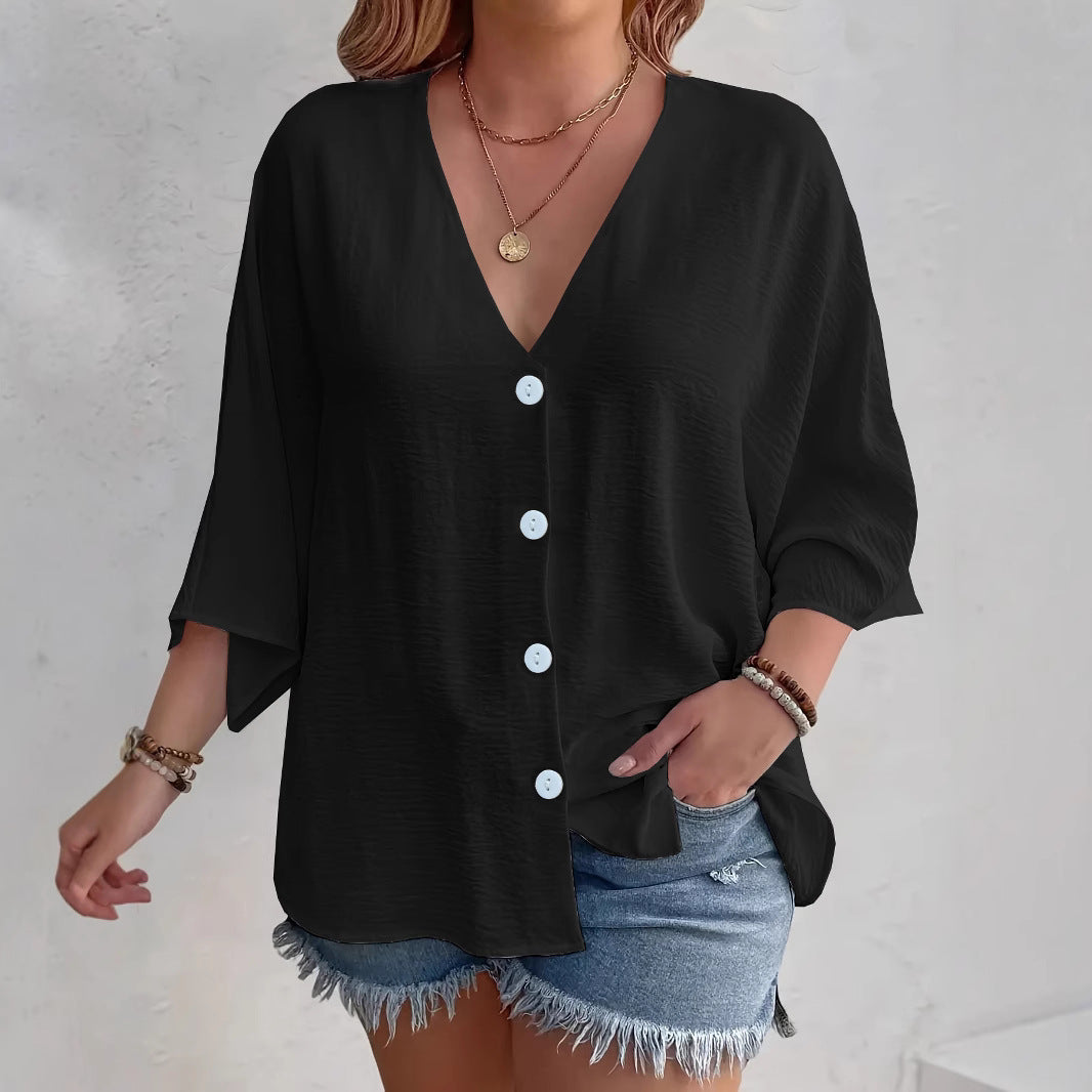 Short-sleeved advantageous blouse for ladies with button placket and V neckline Lune London