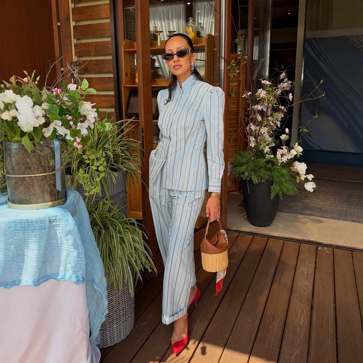 Women's Striped Loungewear Two-Piece Set with Tailored Shirt Blouse and Wide Leg Trousers Amarae