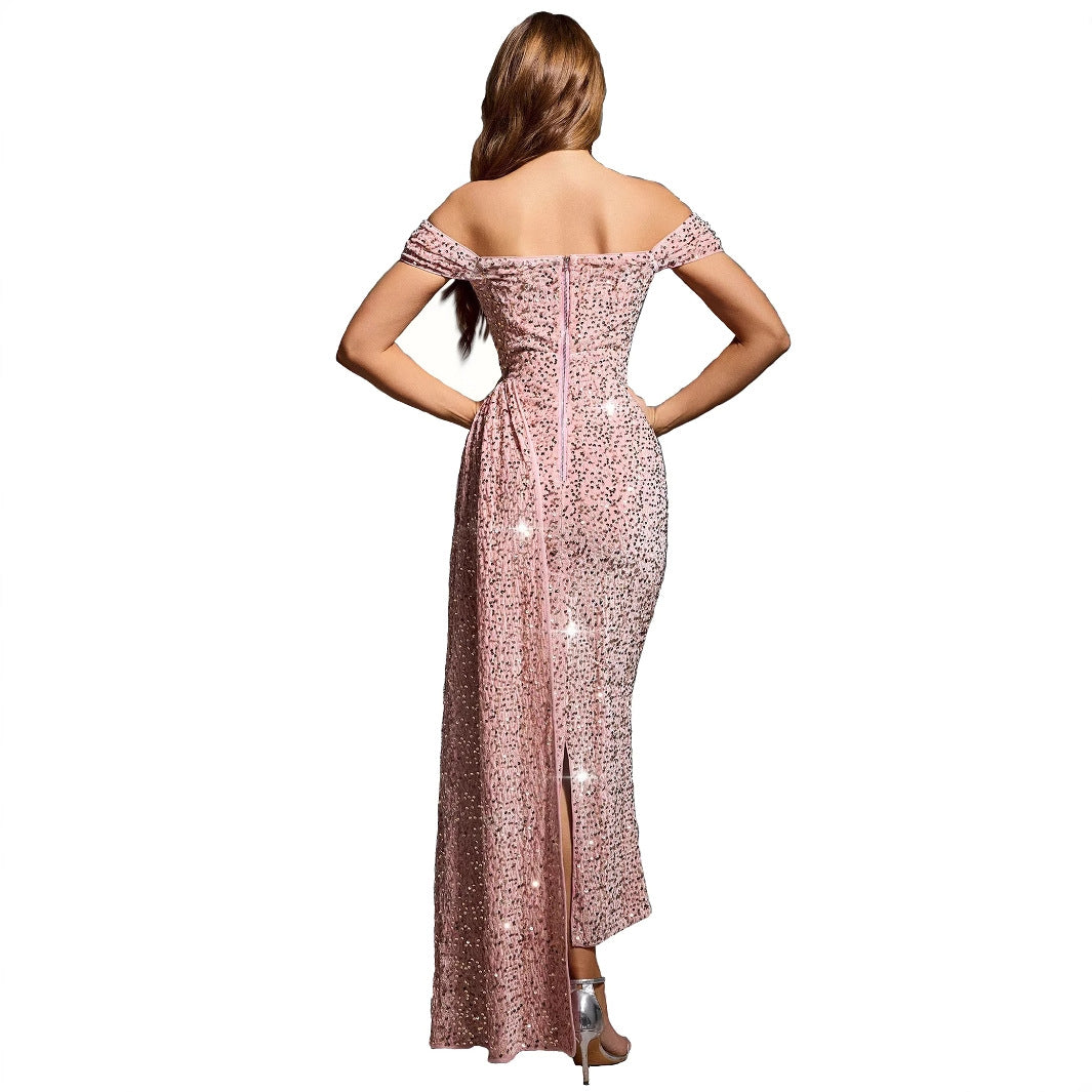 Sequin evening dress off-shoulder Lune London