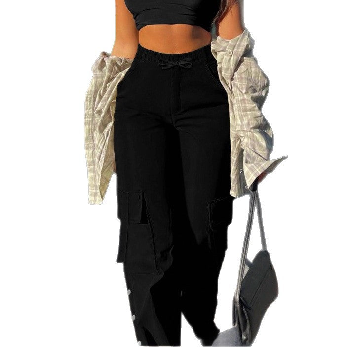 Women's High-Waist Cargo Pants with Wide Leg, Drawstring and Side Snap Details Amarae