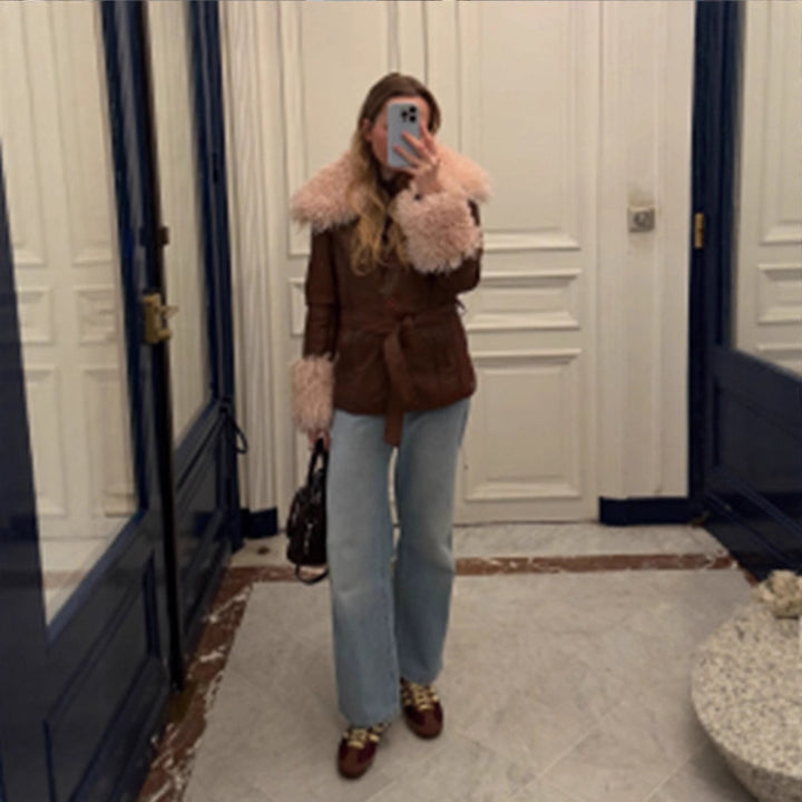 Women tailored leather imitation jacket with tie belt, opulent removable faux fur shawl collar and fur cuffs Amarae