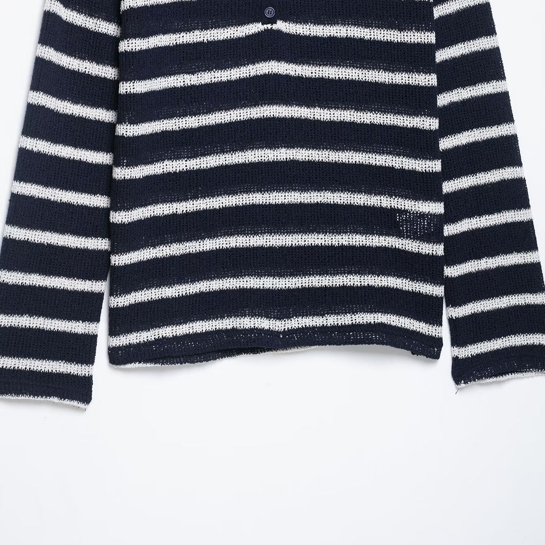 Women's striped sweater with button placket and lightweight textured knit Amarae