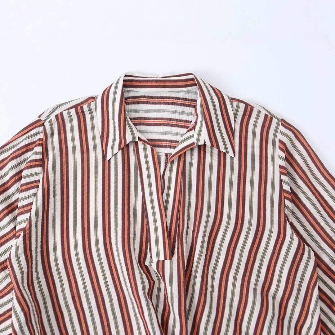 Women's loosely cut wrap blouse with shirt collar, three-quarter sleeves, and stripe pattern Amarae