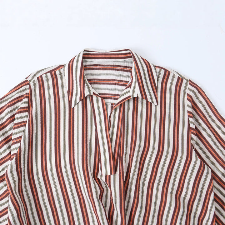 Women's loosely cut wrap blouse with shirt collar, three-quarter sleeves, and stripe pattern Amarae