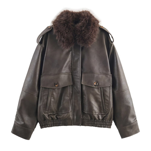 Elegant leather jacket for women with removable faux fur collar and practical pockets Amarae