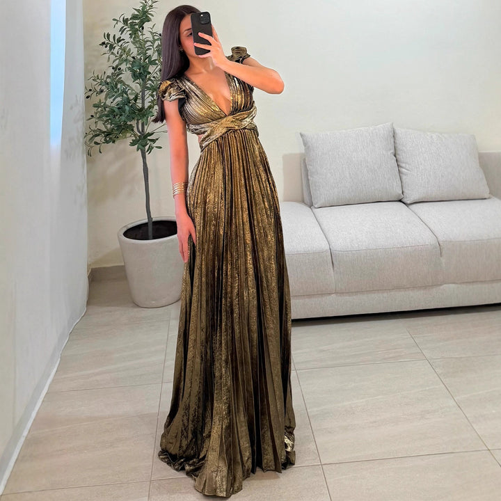 Ladies Glamorous Pleated Maxi Dress with Deep V-Neck and Puff Sleeves Lune London