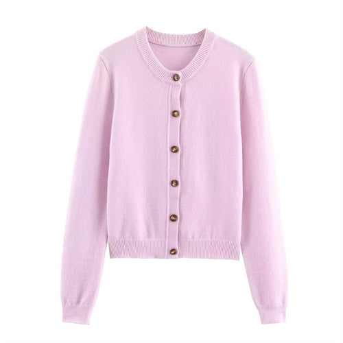 Women Elegant Knit Jacket with Button Closure and Round Collar Amarae