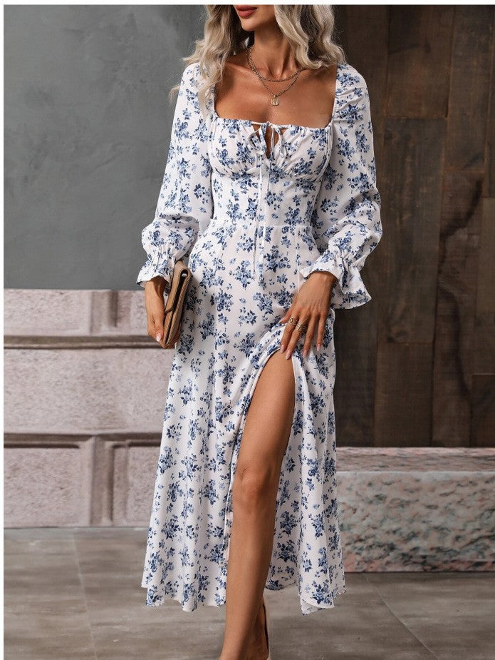 Maxi dress for women with deep slit and floral design Lune London