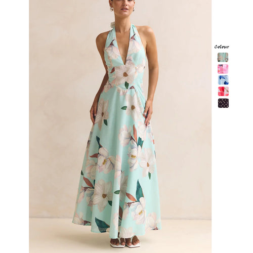 Ladies max dress with deep V-neckline and floral accents Amarae