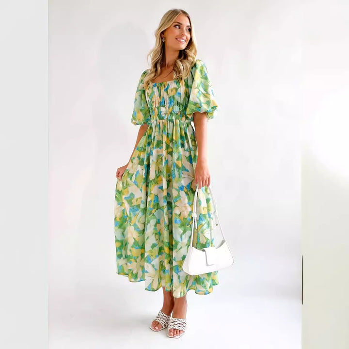 Women's Off-Shoulder Maxi Dress with Floral Patterns and Elastic Waist Lune London