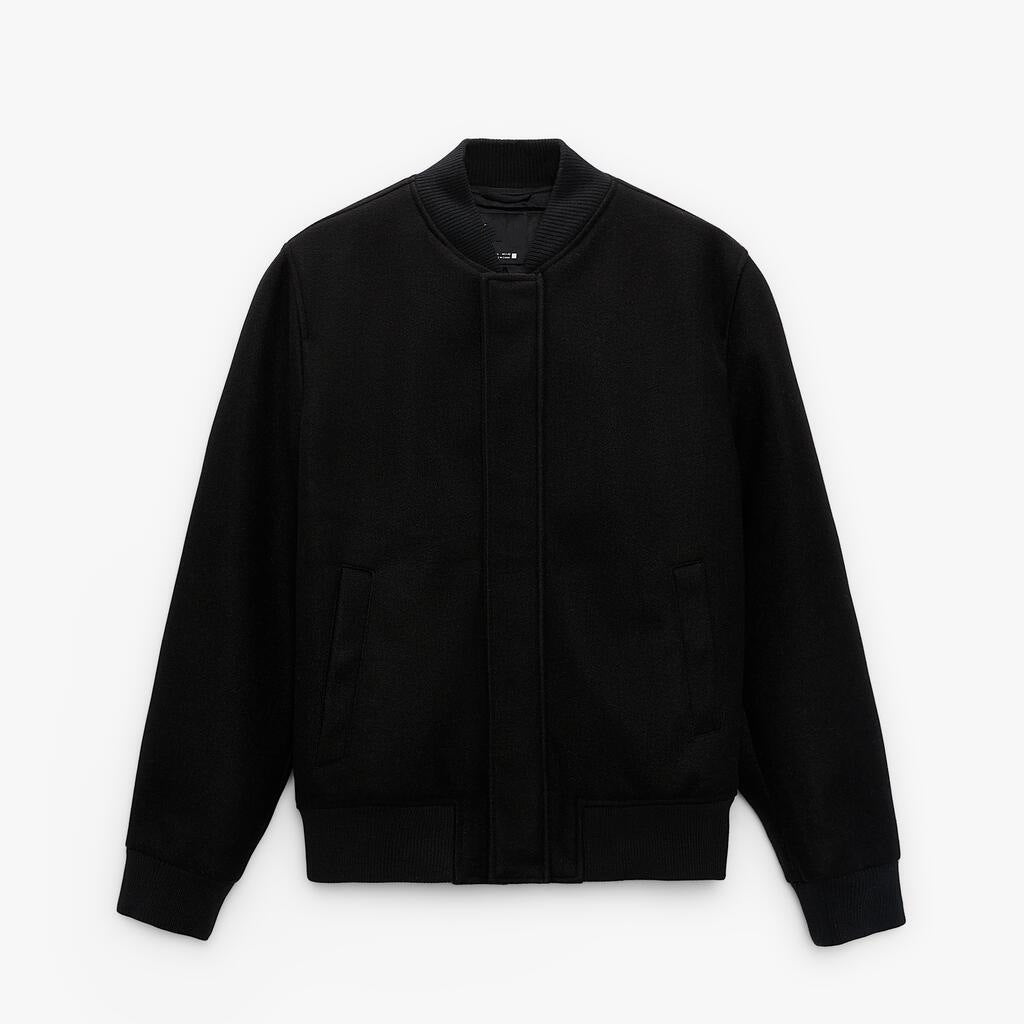 Men's bomber jacket made of wool blend in boxy cut with concealed snap button placket and ribbed cuffs Amarae