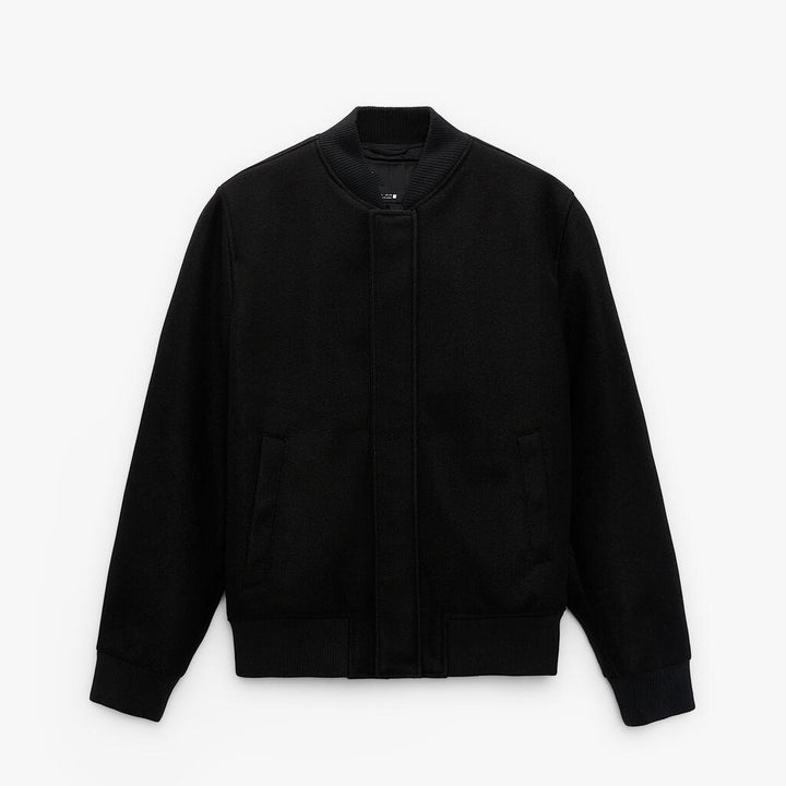 Men's bomber jacket made of wool blend in boxy cut with concealed snap button placket and ribbed cuffs Amarae