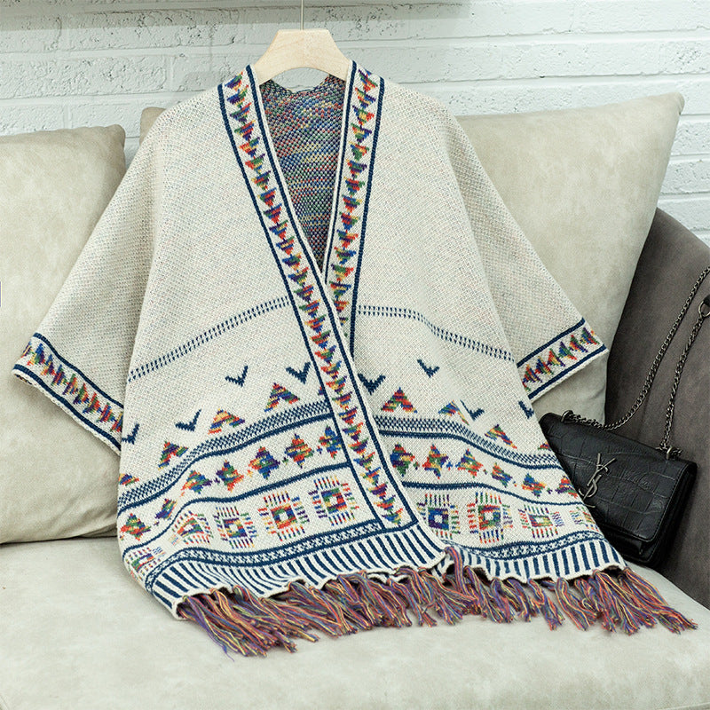 Women elegant poncho with colorful ethnic pattern Lune London