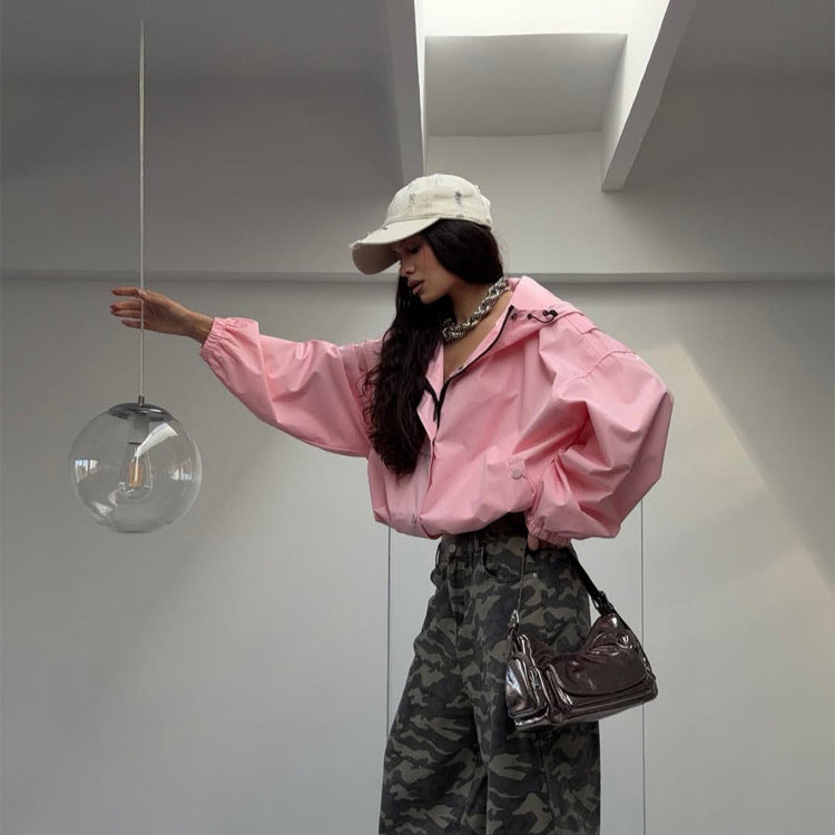 Women's Oversize Windbreaker Jacket with Hood and Short Cropped Cut Amarae