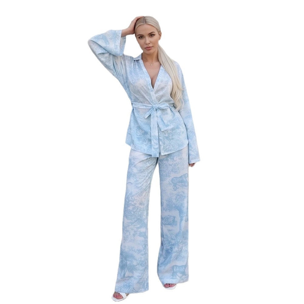 Women's Two-Piece Wrap Set in Kimono Style with Wide Leg Amarae