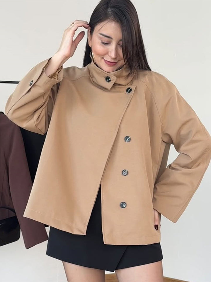 Women's short A-line coat jacket with stand-up collar and asymmetrical button placket Amarae