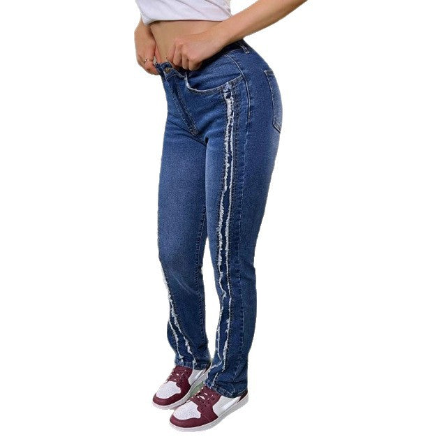 Women's waist-accentuated high-waist jeans with vertical raw-edge stripes and slight flare Amarae