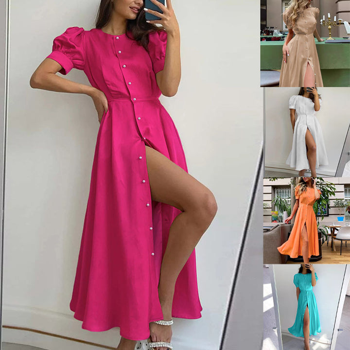 Maxi dress for women with button placket and side slit Lune London