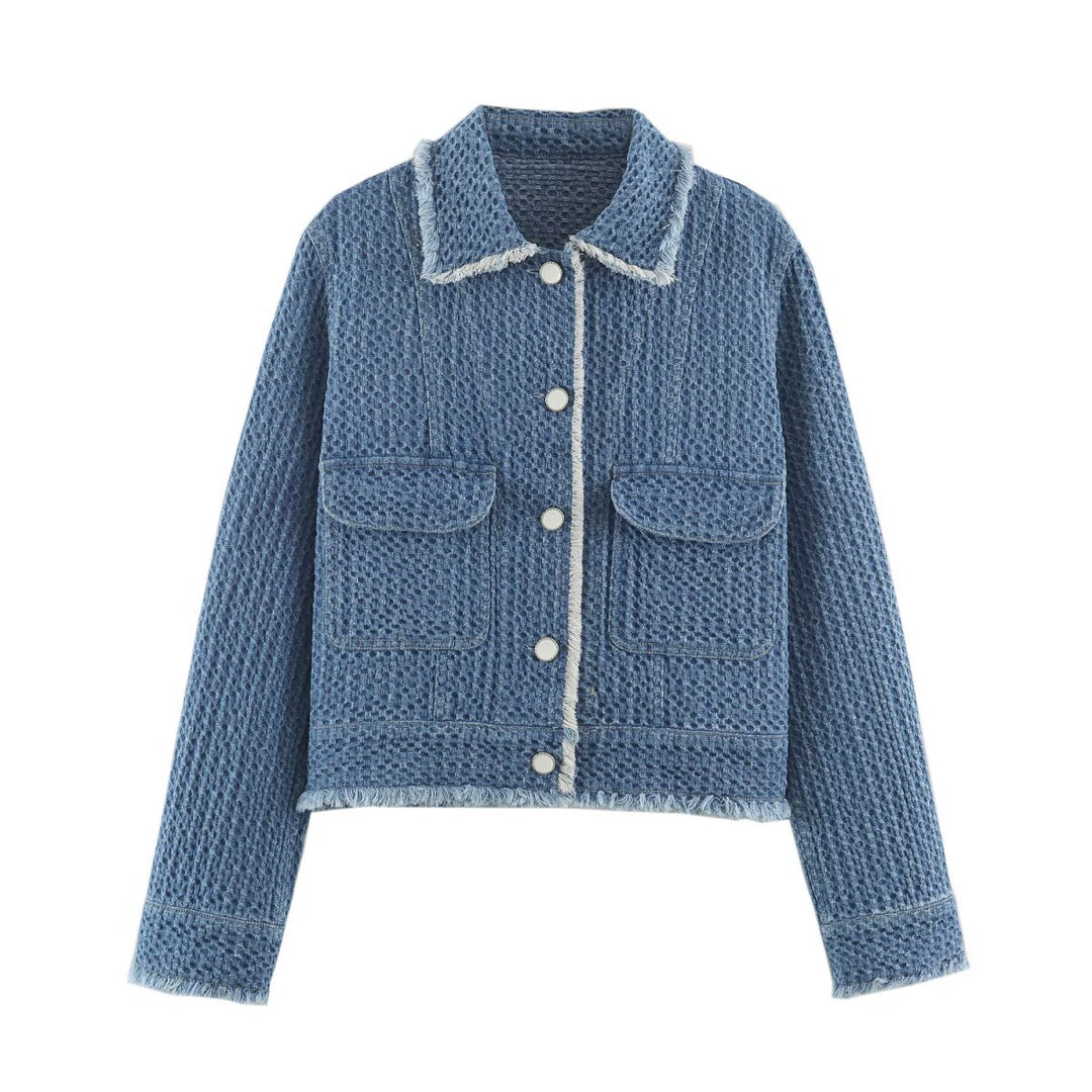Women's short jacket made of textured denim with fringe trim and flap pockets Amarae