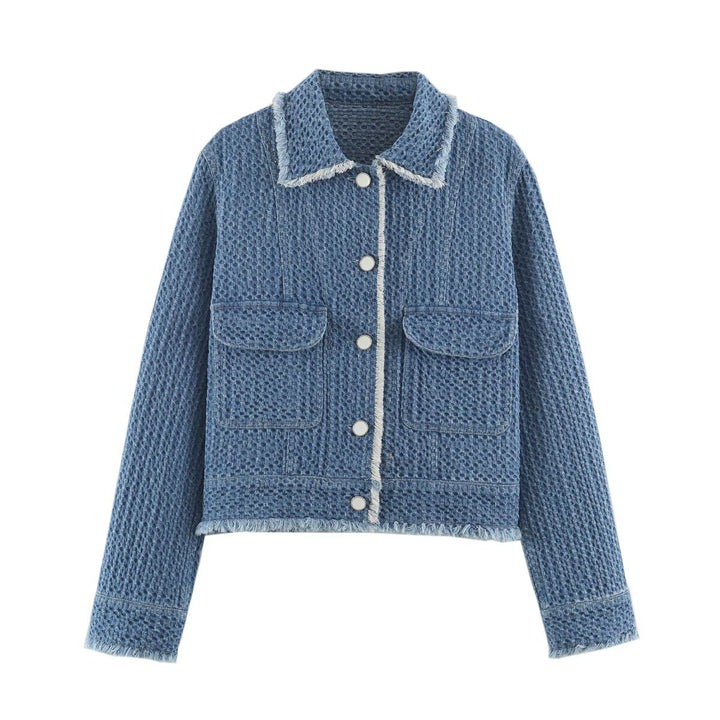 Women's short jacket made of textured denim with fringe trim and flap pockets Amarae