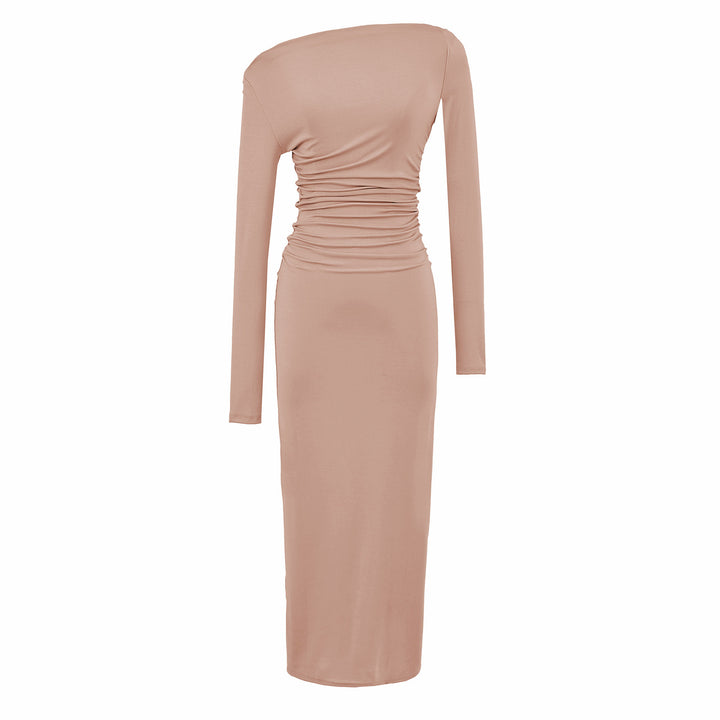 Women One-Shoulder Midi Dress with Long Sleeve and Side Gathering Amarae