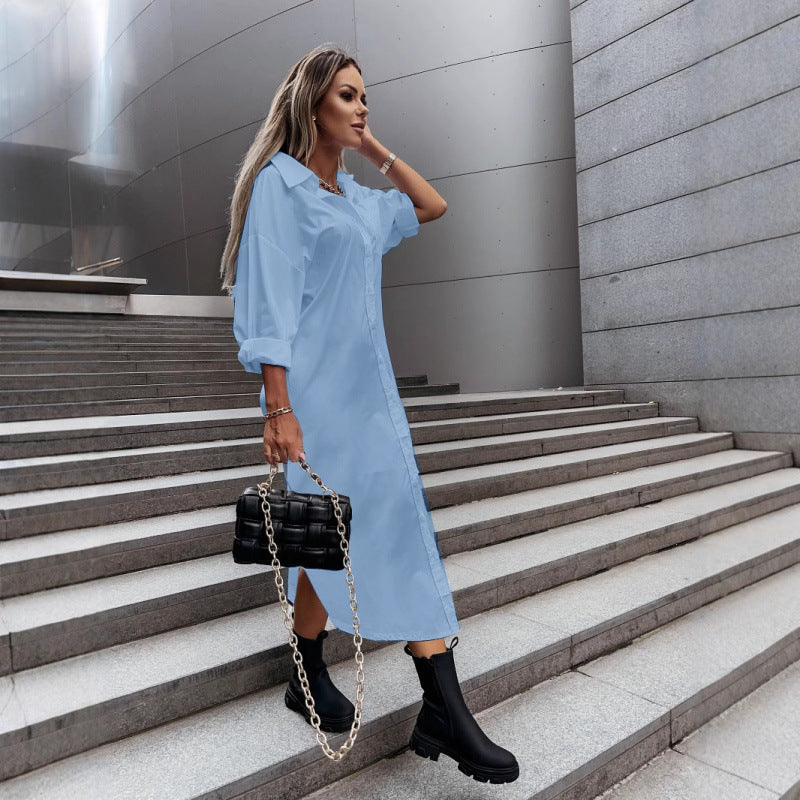 Women's Long Oversized Shirt Dress with Continuous Button Placket, Cuffed Sleeves and Deep Side Slit Amarae