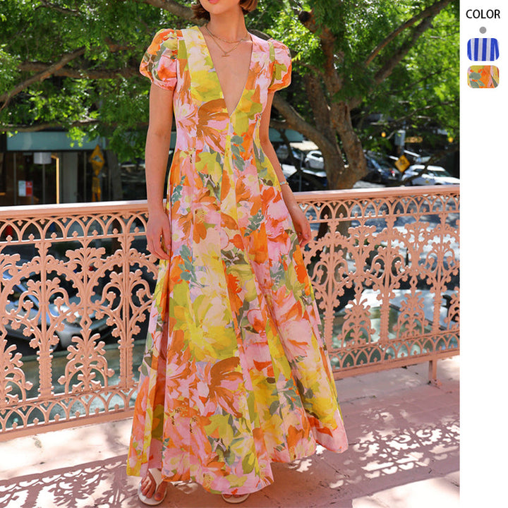 Women's maxi dress with deep V-neck and voluminous sleeves Lune London