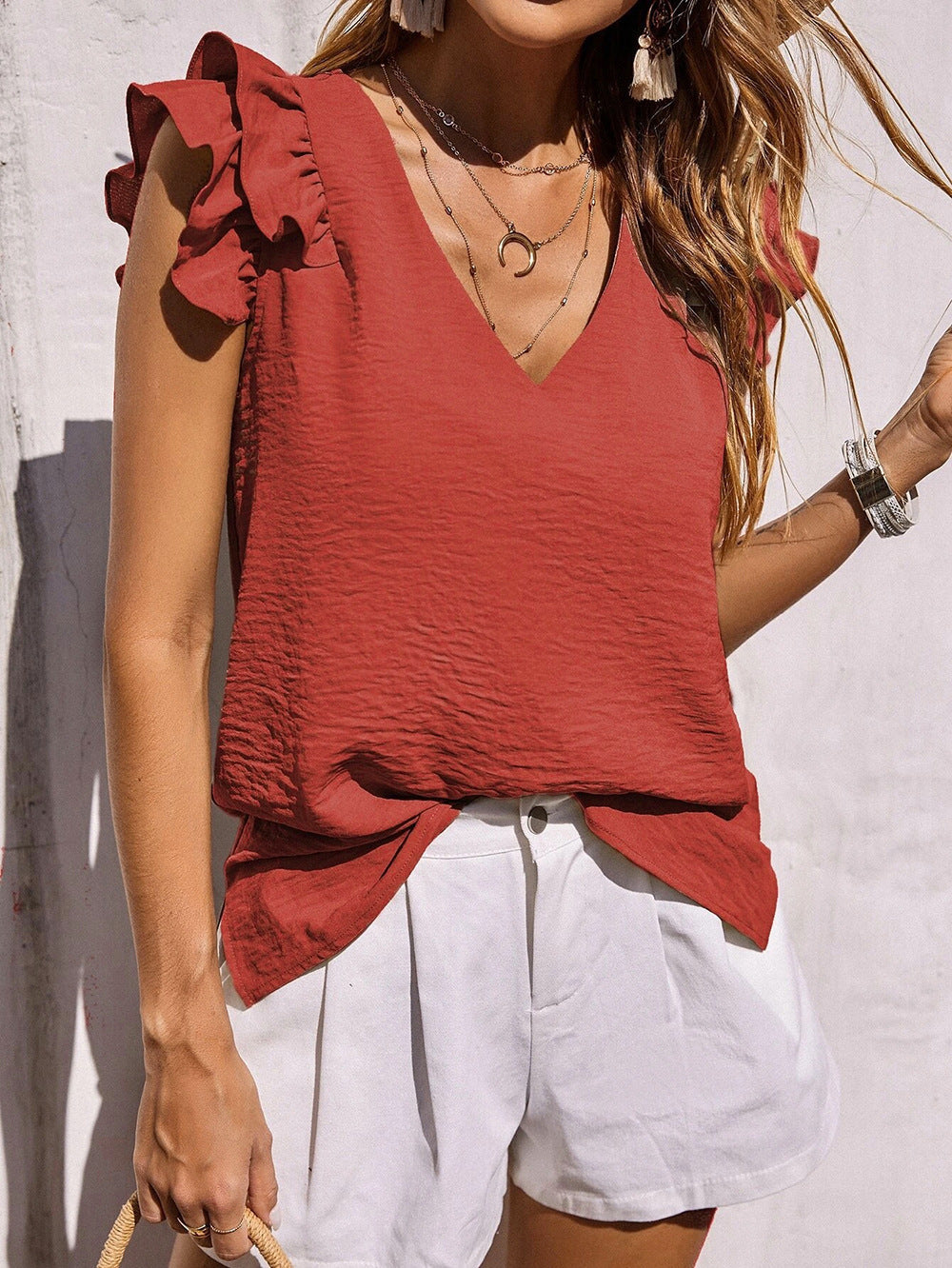 Ladies ruffled molds blouse V neckline Lune London