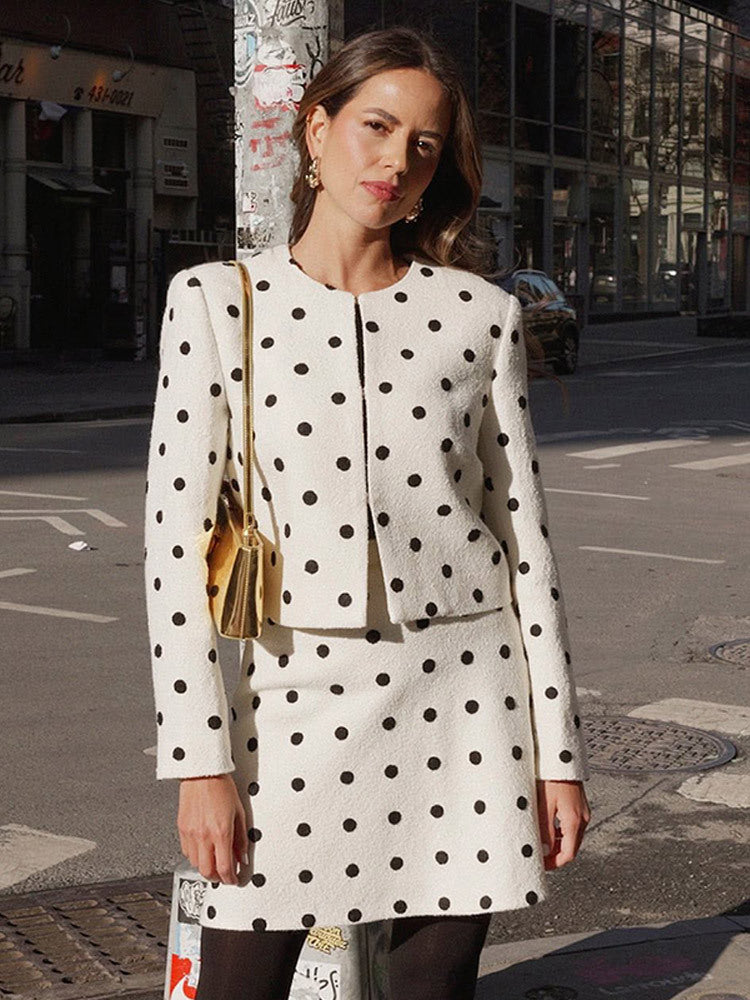 Women Two-Piece Boucle Set with Cropped Jacket and A-Line Mini Skirt Amarae