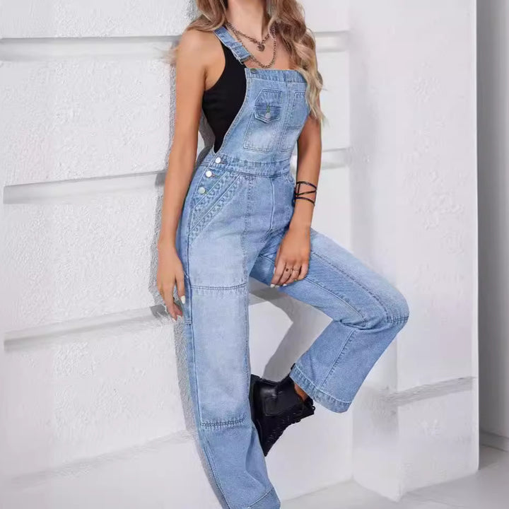 Women's denim overalls with wide leg, utility details, and high waist cut Amarae