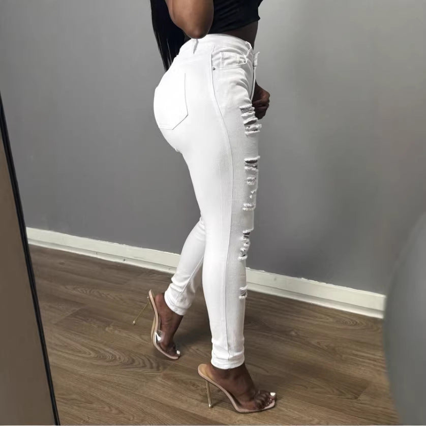 Women's High-Waisted Skinny Jeans with Asymmetrical Destruction Look and Shaping Waistband Amarae