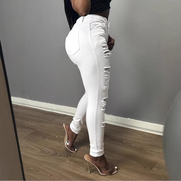 Women's High-Waisted Skinny Jeans with Asymmetrical Destruction Look and Shaping Waistband Amarae