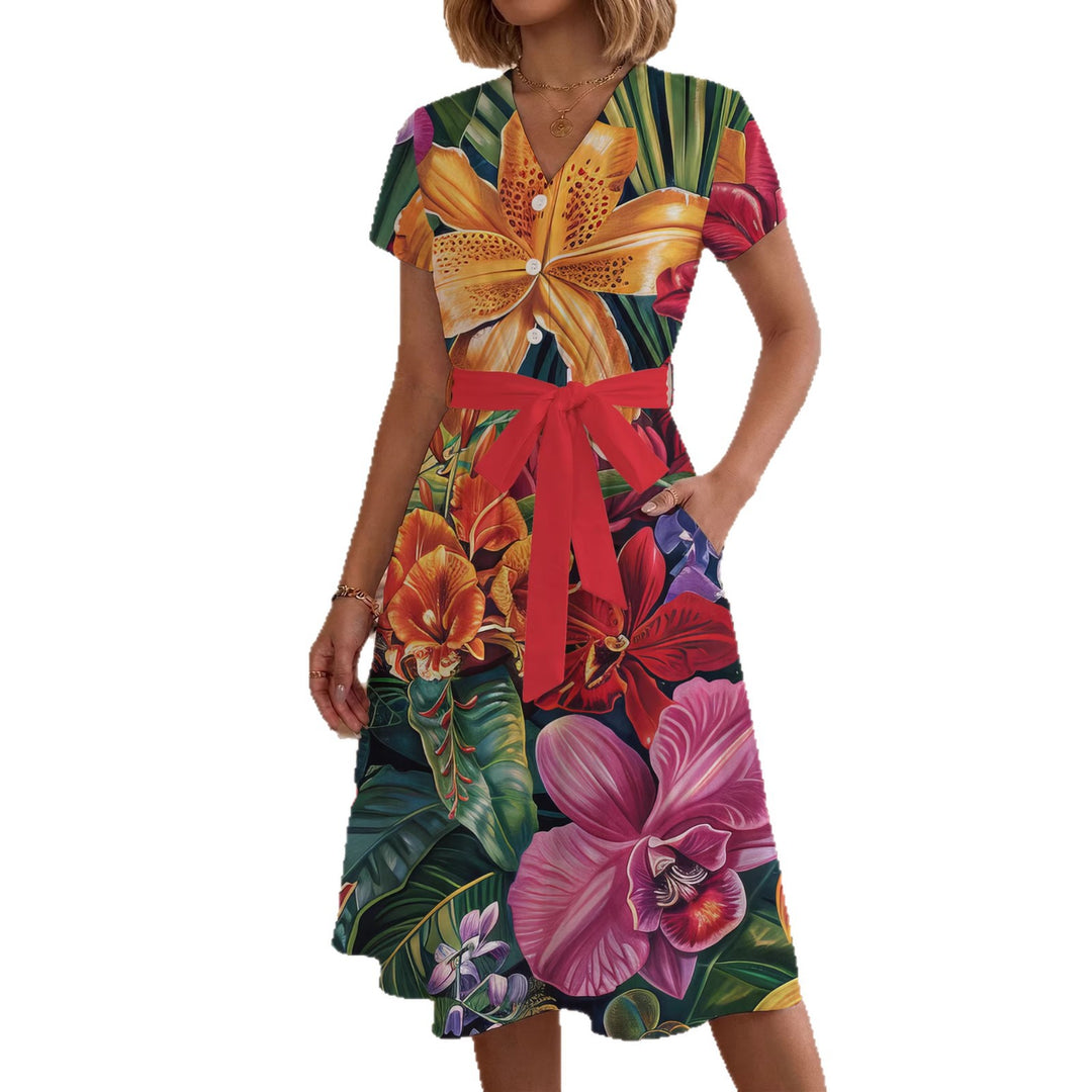 Women’s midi dress with colorful floral design and adjustable tie belt Lune London