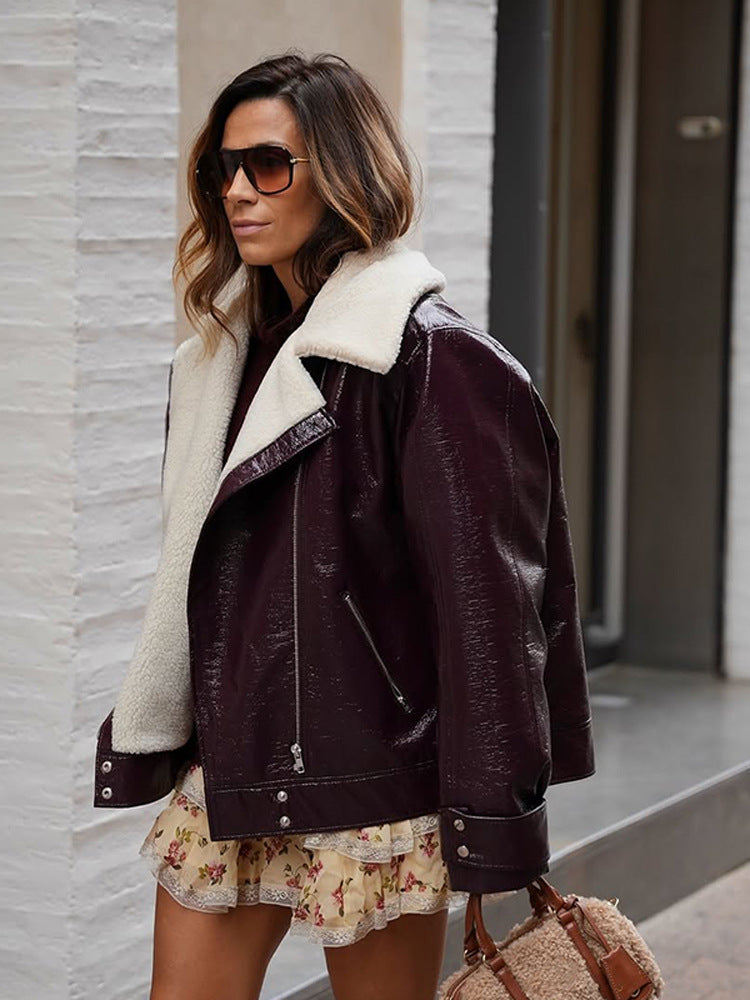 Women's Patent Leather Biker Jacket with Sherpa Lining and Oversized Cut Amarae