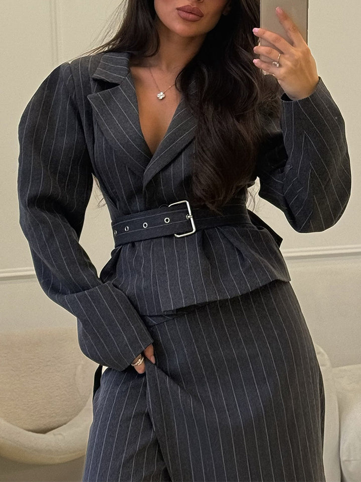 Women's Tailored Pinstriped Blazer with Shoulder-Emphasizing Balloon Sleeves and Waist Belt Amarae