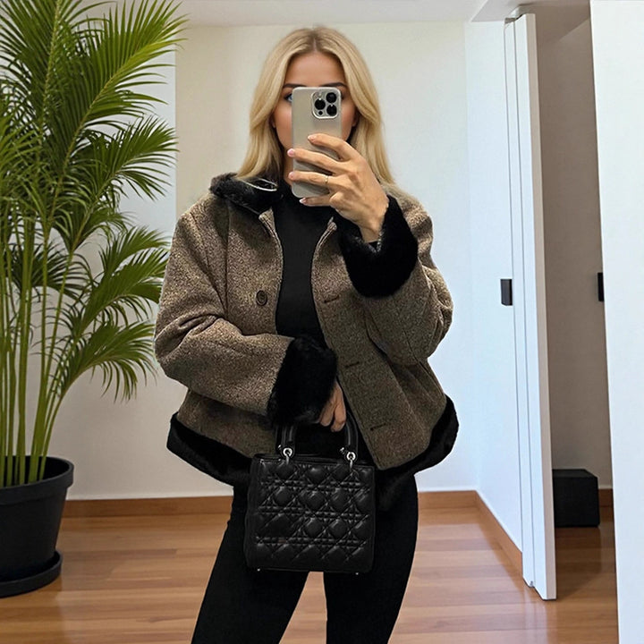 Women's Short Cut Boxy Wool Blend Coat with Contrast Faux Fur Trim Amarae