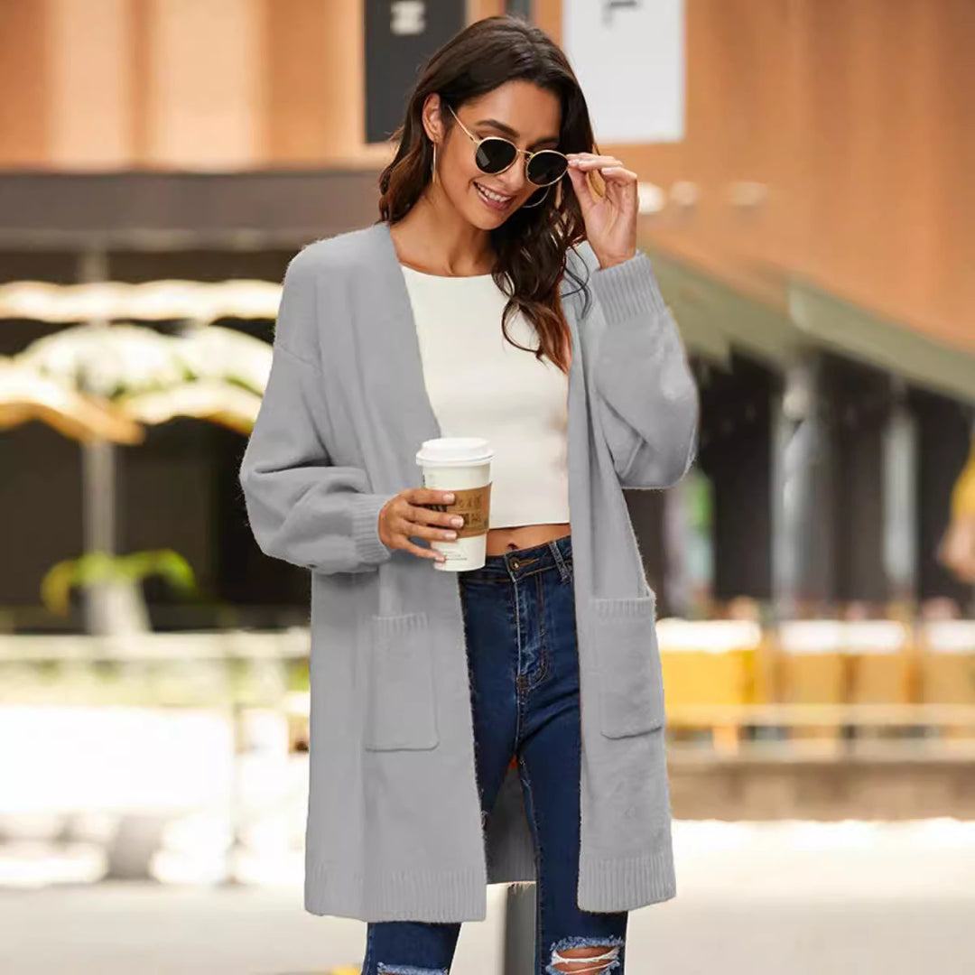 Ladies long sleeve cardigan with open front and deep pockets Lune London
