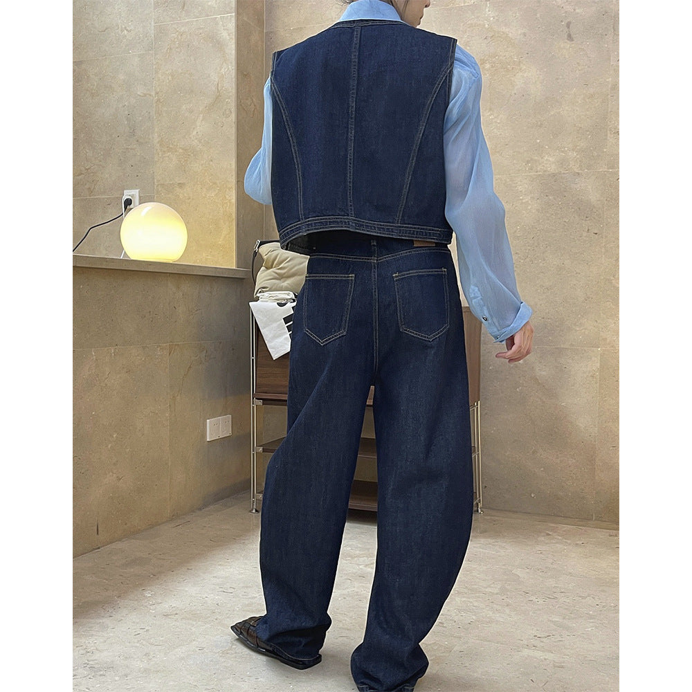 Women's Short Boxy Denim Vest with Contrast Stitching and Patch Pockets Amarae