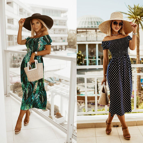 Maxi off-shoulder dress for women with tropical leaves Amarae