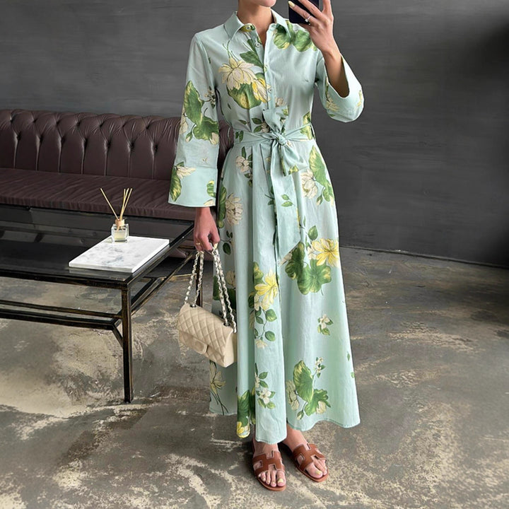 Maxi dress for women with floral patterns and wrapped belt Lune London