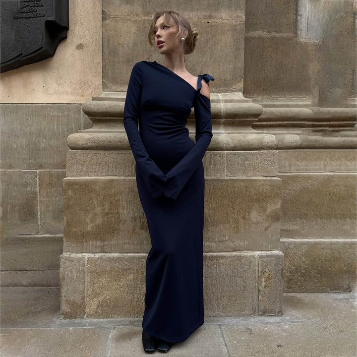 Maxi dress for women with asymmetric cut and elegant design with off-the-shoulder Lune London