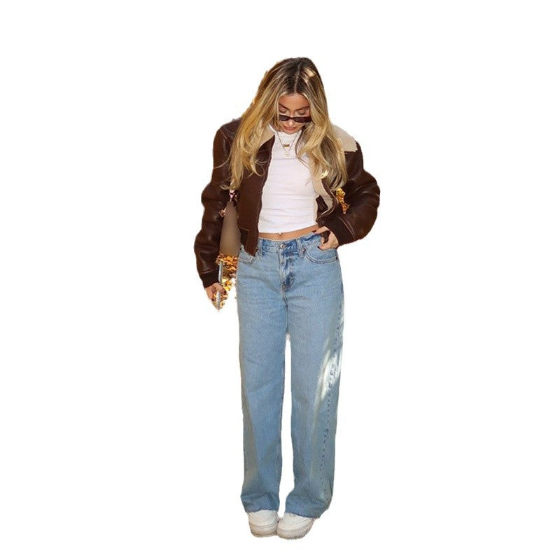 Cropped leather jacket for women with an elegant faux fur collar Lune London