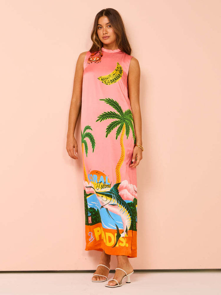 Maxi dress for women with colorful tropical pattern and high collar design Chic & Stil